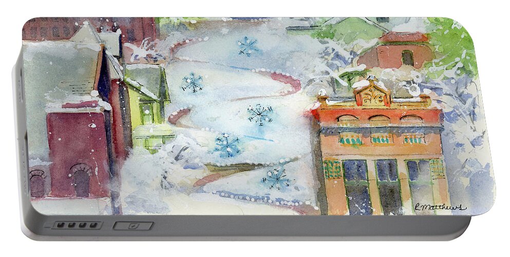 Snake Alley Portable Battery Charger featuring the painting Snake Alley of Burlington Iowa with a dusting of snow by Rebecca Matthews