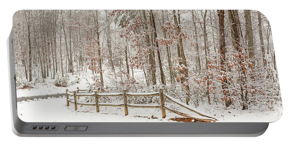 Fence Portable Battery Charger featuring the photograph Snow Around the Corner by Joni Eskridge