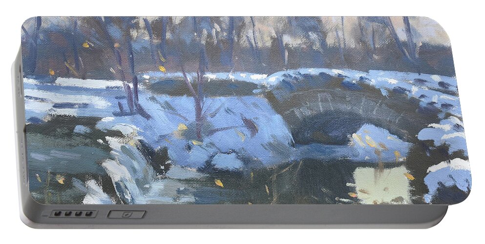 Stone Bridge Portable Battery Charger featuring the painting Snow at Stone Bridge by Ylli Haruni