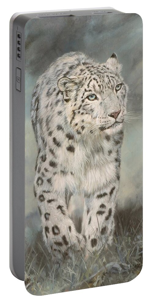 Snow Leopard Portable Battery Charger featuring the painting Snow Leopard 5 by David Stribbling