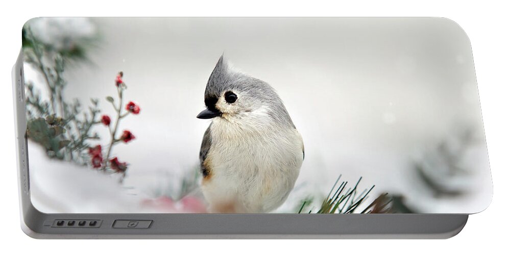 Birds Portable Battery Charger featuring the photograph Snow White Tufted Titmouse by Christina Rollo