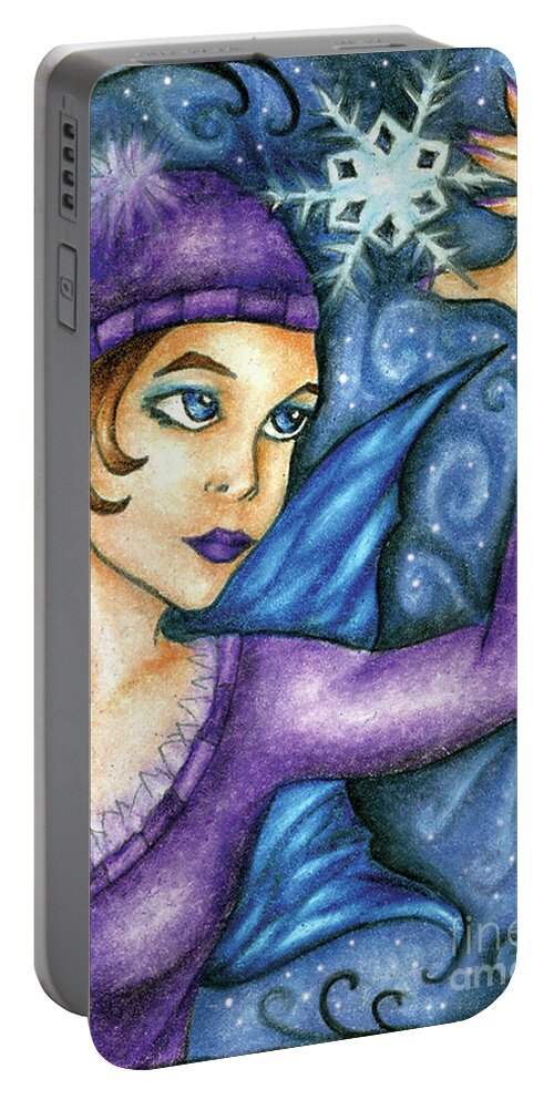 Winter Magic Portable Battery Charger featuring the drawing Snowflake Fairy by Kristin Aquariann