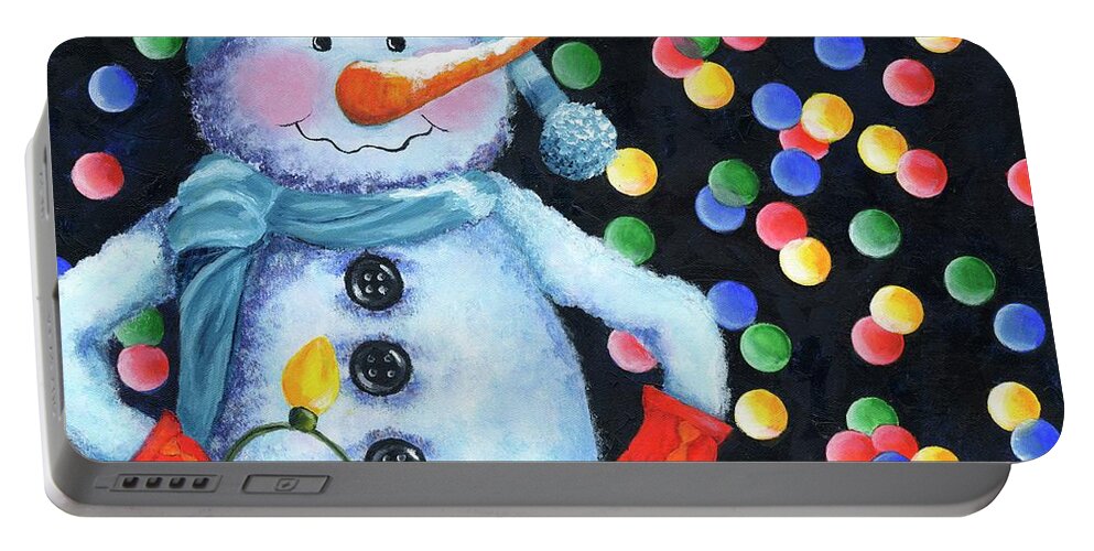 Snowman Portable Battery Charger featuring the painting Snowie with Twinkling Lights by Donna Tucker