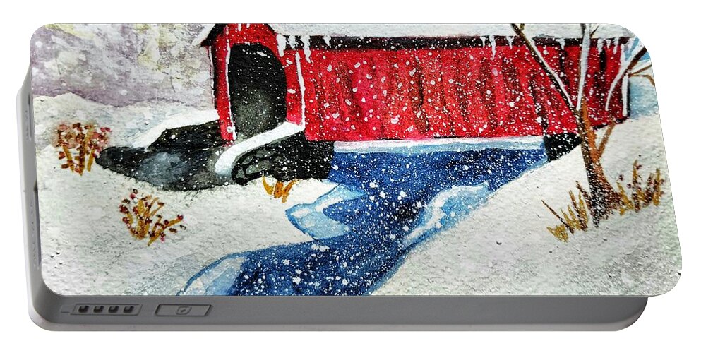 Snowy Portable Battery Charger featuring the painting Snowy Covered Bridge by Shady Lane Studios-Karen Howard