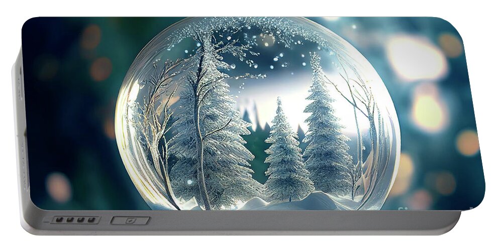 Winter Portable Battery Charger featuring the digital art Snowy glass ball with winter forest covered with snow. Holiday s by Jelena Jovanovic