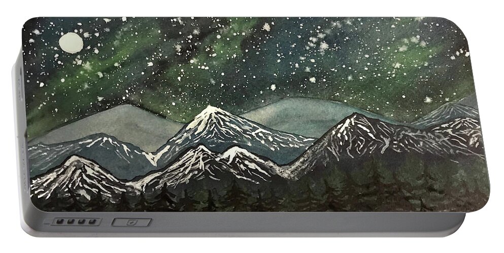 Snowy Mountains Portable Battery Charger featuring the painting Snowy Mountains with Aurora by Lisa Neuman