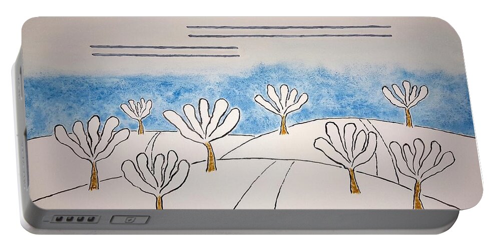 Watercolor Portable Battery Charger featuring the painting Snowy Orchard by John Klobucher