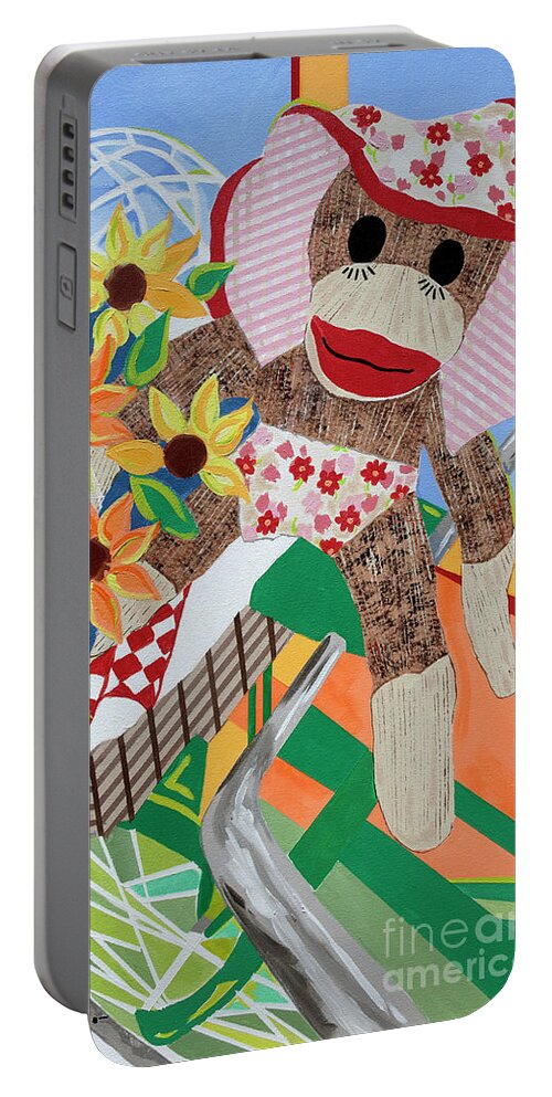 Baby Sock Monkey Painting Portable Battery Charger featuring the painting Sock Monkey and The Green Bike by Jane Crabtree