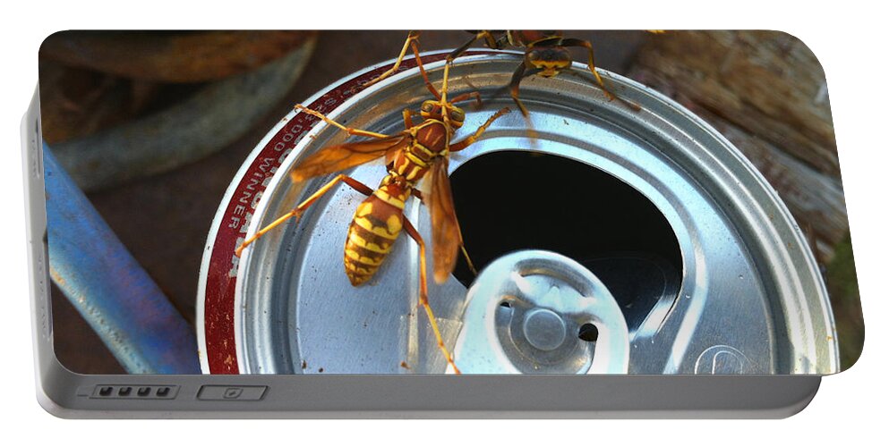 Nature Portable Battery Charger featuring the photograph Soda Pop Bandits, two wasps on a pop can by Shelli Fitzpatrick
