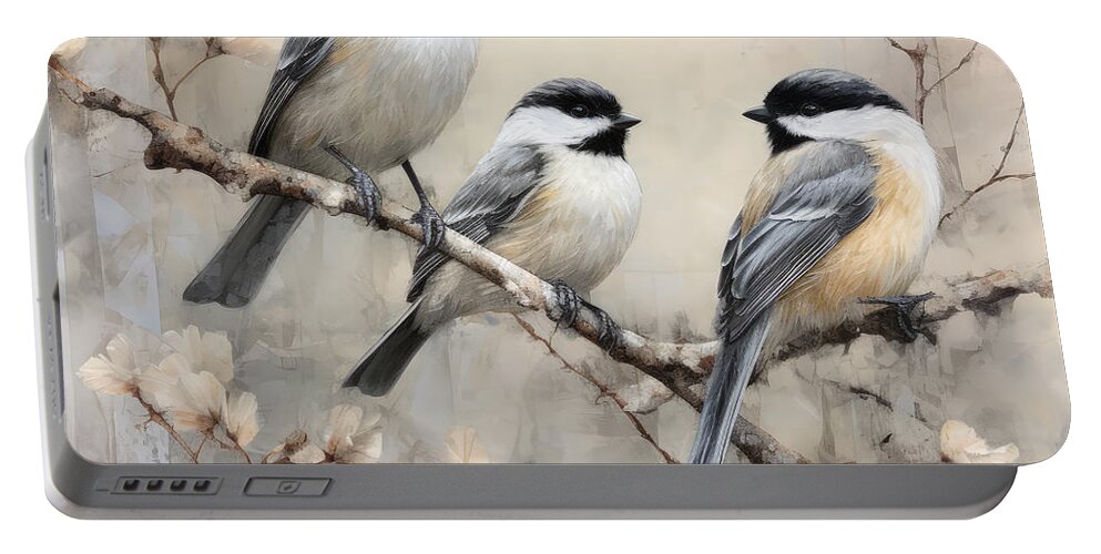 Chickadee Portable Battery Charger featuring the painting Solace in Simplicity by Lourry Legarde