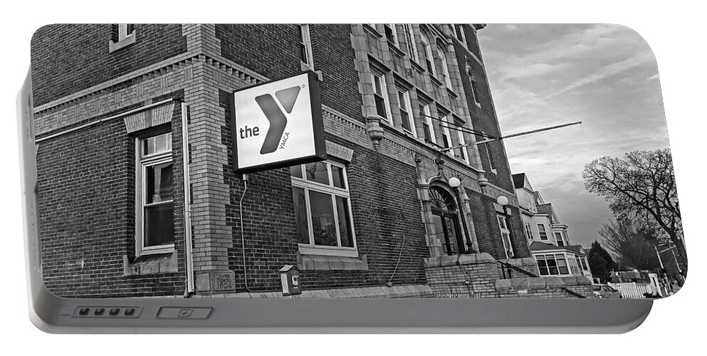 Somerville Portable Battery Charger featuring the photograph Somerville Massachusetts Highland Ave YMCA Black and White by Toby McGuire