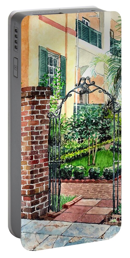 Garden Portable Battery Charger featuring the painting Sorrel Weed house, garden gate by Merana Cadorette
