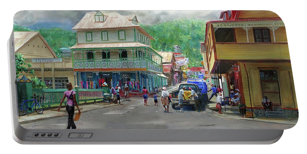 Soufriere Portable Battery Charger featuring the painting Soufriere Town by Jonathan Gladding