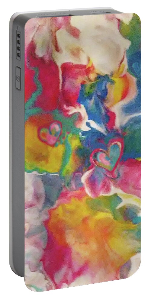 Colorful Abstract Acrylic Hearts Portable Battery Charger featuring the painting Sound Of Sun by Deborah Erlandson