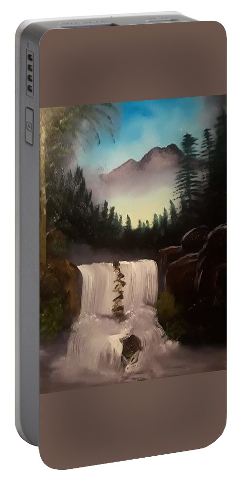 Beautiful Waterfall Portable Battery Charger featuring the painting Spectacular Waterfall by Janet Lyons