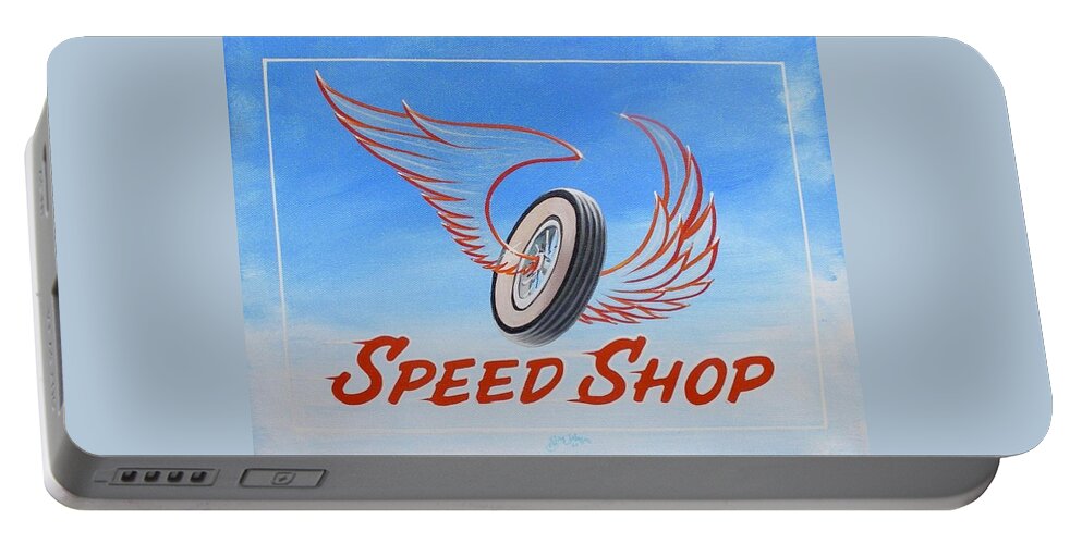 Hot Rod Portable Battery Charger featuring the painting Speed Shop by Alan Johnson