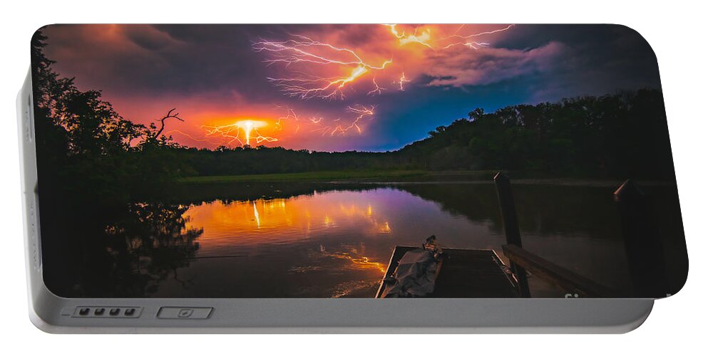 Spider Lightning Portable Battery Charger featuring the photograph Spider Lightning Reflected on Little Hunting Creek at Night by Jeff at JSJ Photography