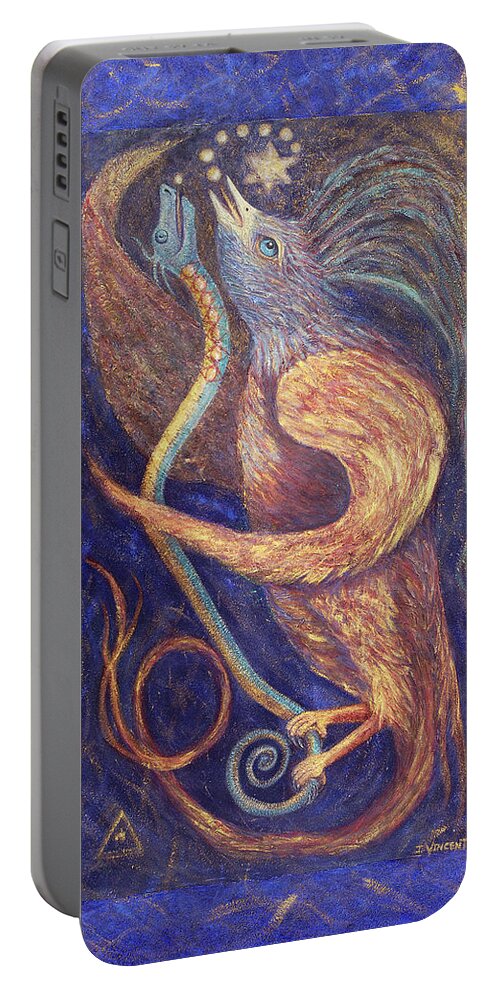 Spirit Bird Portable Battery Charger featuring the painting Spirit Bird and Snake Singing to the Stars by Irene Vincent