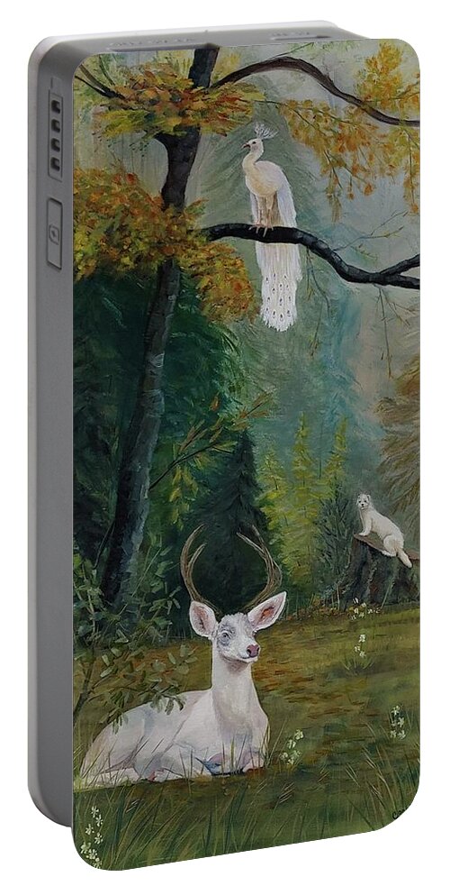 White Stag Portable Battery Charger featuring the painting Spirit Guides by Connie Rish