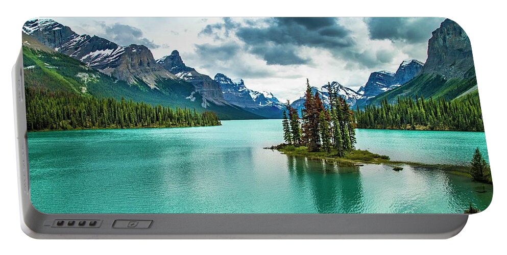 Maligne Lake Portable Battery Charger featuring the photograph Spirit Island by Darcy Dietrich