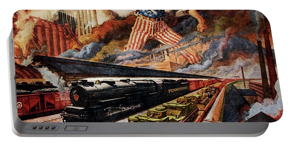 Spirit Of 1943 Portable Battery Charger featuring the painting Spirit of 1943 - Vintage Steam Locomotive - Advertising Poster by Studio Grafiikka