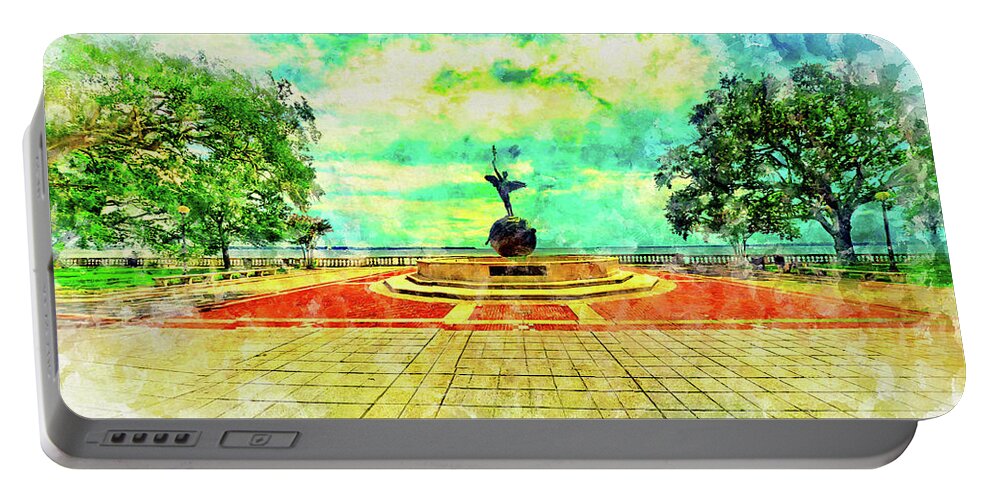 Spiritualized Life Sculpture Portable Battery Charger featuring the digital art Spiritualized Life sculpture in Memorial Park, Jacksonville - watercolor ink by Nicko Prints
