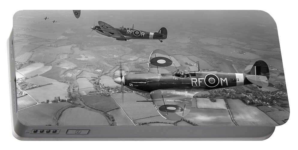 Spitfire Portable Battery Charger featuring the photograph Spitfire sweep black and white version by Gary Eason