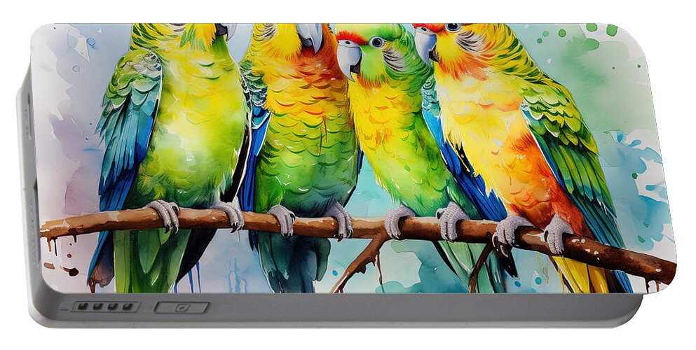 Colorful Parakeet Art Portable Battery Charger featuring the painting Splash of Cheer - Flock of Parakeets by Lourry Legarde