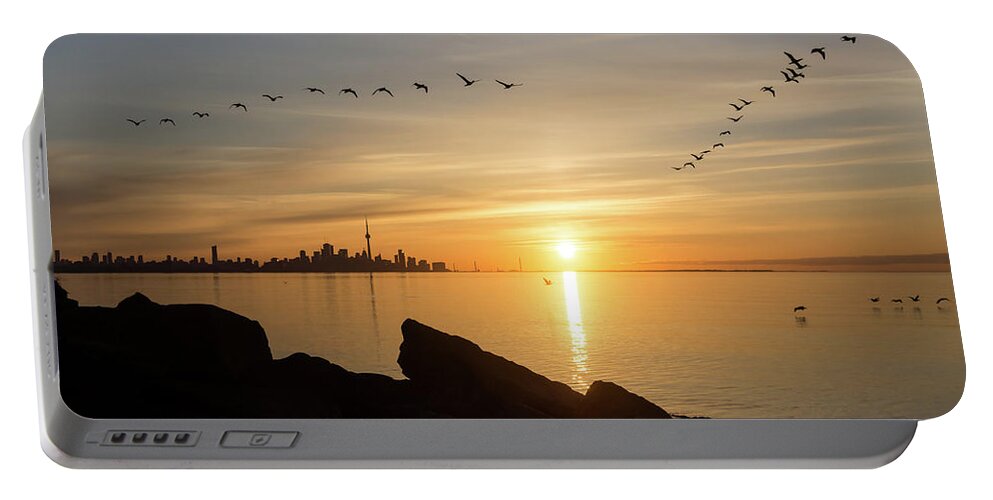 Splendid Sunrise Portable Battery Charger featuring the photograph Splendid Sunrise with Birds - Toronto Skyline with Free Flying Cormorants by Georgia Mizuleva