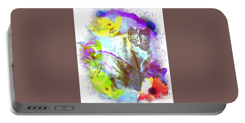 Splotchy Abstract Photograph Cat Flowers Yellow Purple Green Orange Brown Turquoise White Black Olive Dots Frame Iphone Ipad-air Software Sandiego Outside Pistils Portable Battery Charger featuring the digital art Splotchy Abstract by Kathleen Boyles