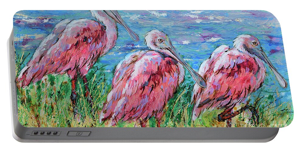 Spoonbills Portable Battery Charger featuring the painting Spoonbills at the Lake by Jyotika Shroff
