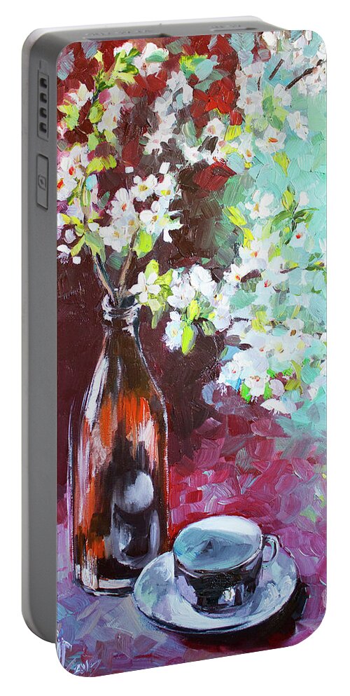 Spring Painting Portable Battery Charger featuring the painting Spring breakfast by Vali Irina Ciobanu