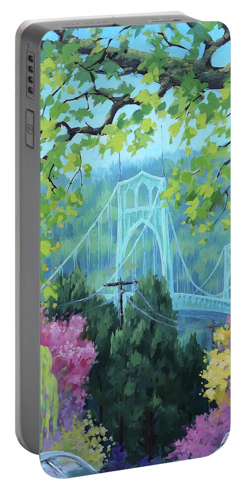 Portland Portable Battery Charger featuring the painting Spring Bridge by Karen Ilari