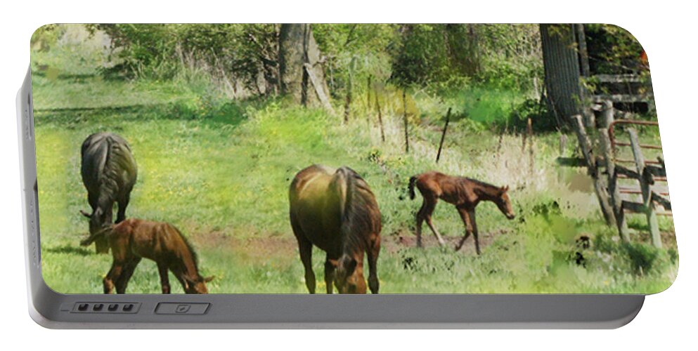 Horses Portable Battery Charger featuring the digital art Spring Colts - Square Version by Studio B Prints