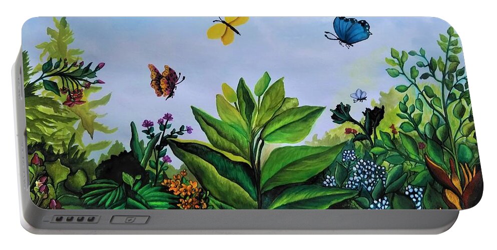 Garden Portable Battery Charger featuring the painting Butterfly garden by Tara Krishna