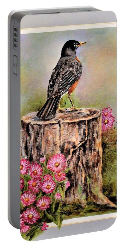 Bird Portable Battery Charger featuring the painting Spring Promis by Mary McCullah