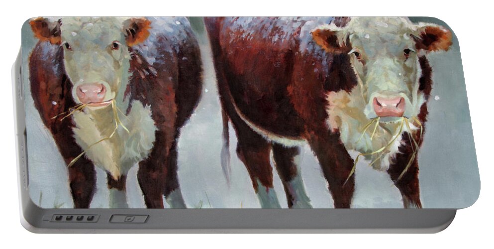 Ranch Animals Portable Battery Charger featuring the painting Spring Snow by Carolyne Hawley