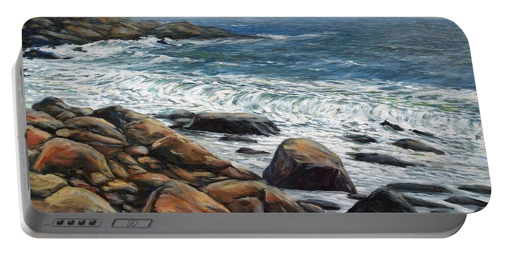 Beach Portable Battery Charger featuring the painting Spring Storm Old Garden Beach Rockport MA by Eileen Patten Oliver