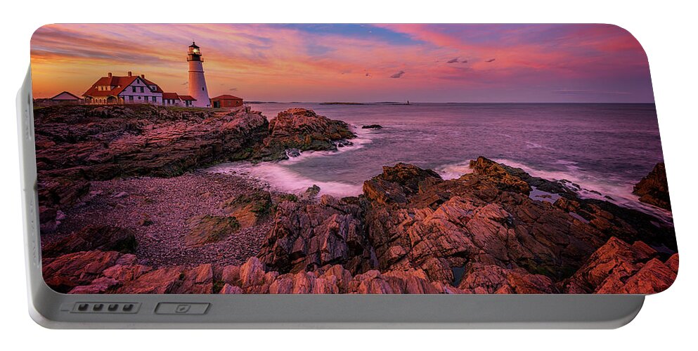 Maine Portable Battery Charger featuring the photograph Spring Sunset at Portland Head Lighthouse by Rick Berk
