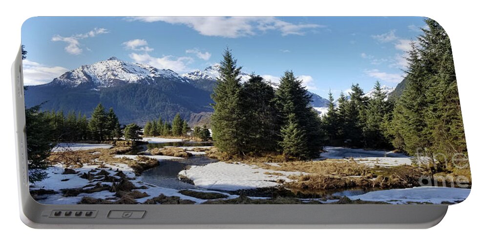 #alaska #ak #juneau #cruise #tours #vacation #peaceful #sealaska #southeastalaska #calm #mendenhallglacier #glacier #capitalcity #dredgelakes #forrest #stream #hike #hiking #snow #cold #clouds #spring #mtmcginnis #panorama #sprucewoodstudios Portable Battery Charger featuring the photograph Springtime Glacier Obscured by Charles Vice