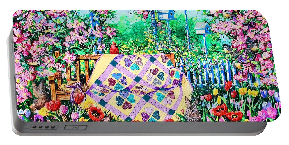 Garden Bench Portable Battery Charger featuring the painting Springtime Hearts and Flowers by Diane Phalen