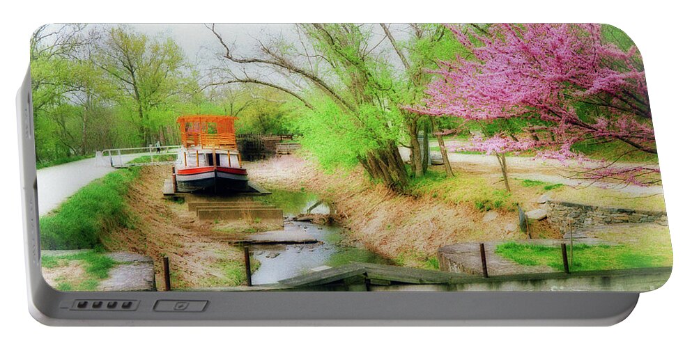 Canal Barge Portable Battery Charger featuring the photograph Springtime on the Canal - A Potomac Impression by Steve Ember