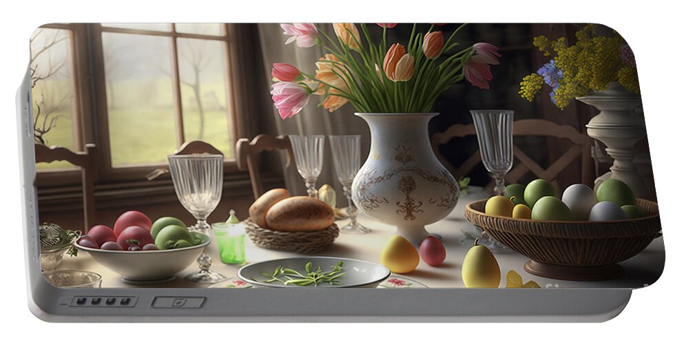 Springtime Portable Battery Charger featuring the digital art Springtime Soiree, Photorealistic Easter Table Setting for Festive Gatherings by Jeff Creation