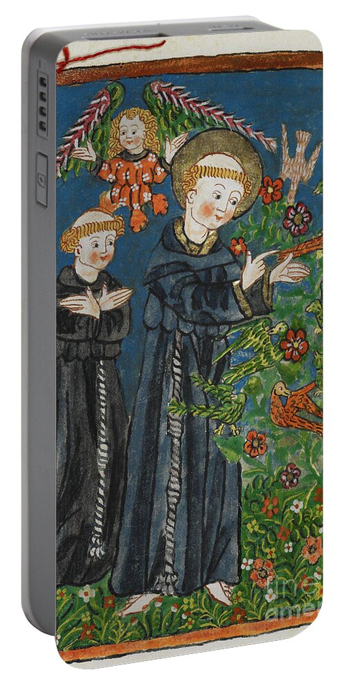 15th Century;angel;priest;religious Orders;religion;bird;animal;saint;saint;plants;flower;flowers;preach;st Francis;francis Of Assisi;15th Century;flora;plant;monk;monks;preaching;religion;plantae;francis Portable Battery Charger featuring the drawing St Francis preaching to the birds by European School