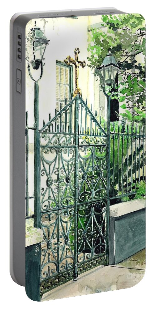 St. Vincent's Portable Battery Charger featuring the painting St. Vincent's Catholic School side gate by Merana Cadorette
