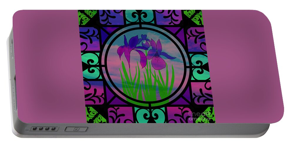 Irises Portable Battery Charger featuring the mixed media Stained Glass Irises by Diamante Lavendar
