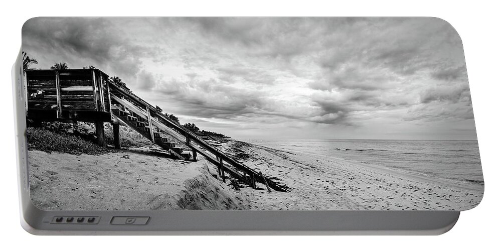 Black Portable Battery Charger featuring the photograph Stairs to the Beach Panorama Black and White by Debra and Dave Vanderlaan