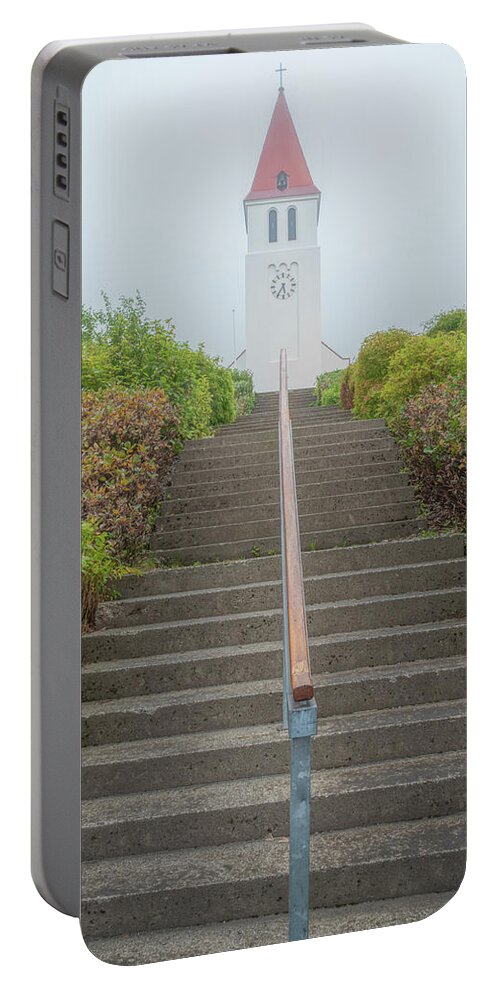 Landscape Portable Battery Charger featuring the photograph Stairway To Siglufjordur Church by Kristia Adams