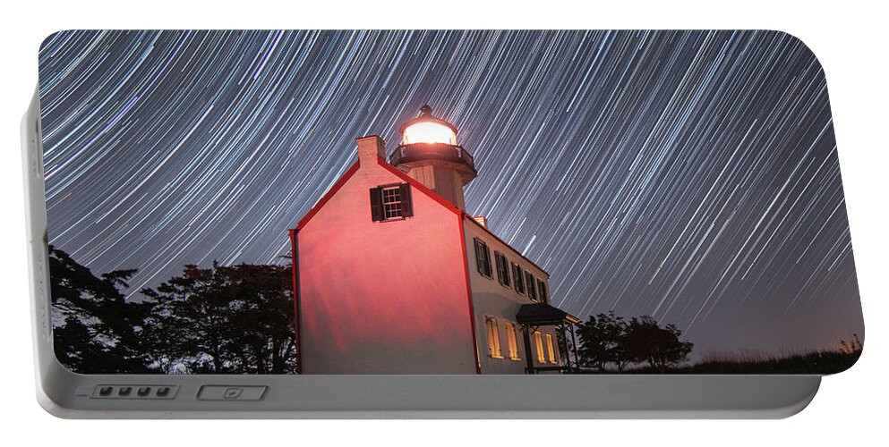 Lighthouse Portable Battery Charger featuring the photograph Star Trails Over East Point Light by Kristia Adams