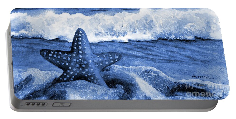 Starfish Portable Battery Charger featuring the painting Starfish and Sea Wave in Blue by Hailey E Herrera
